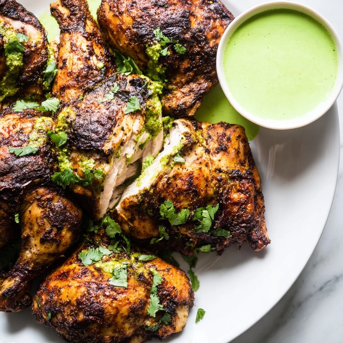 Juicy Peruvian chicken carved on a wooden board with bright cilantro drizzle