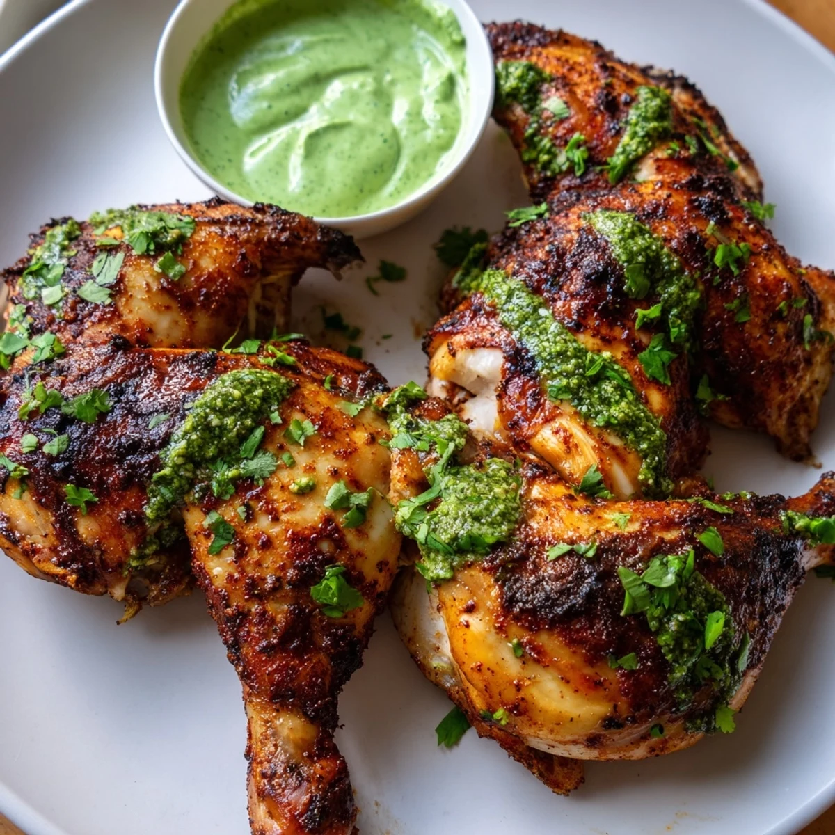 Tender Peruvian chicken fresh from the oven paired with zesty aji verde