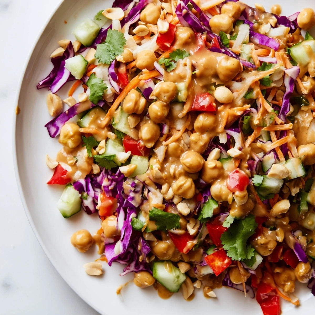 Crunchy Thai chickpea salad tossed in creamy peanut dressing with vibrant shredded vegetables