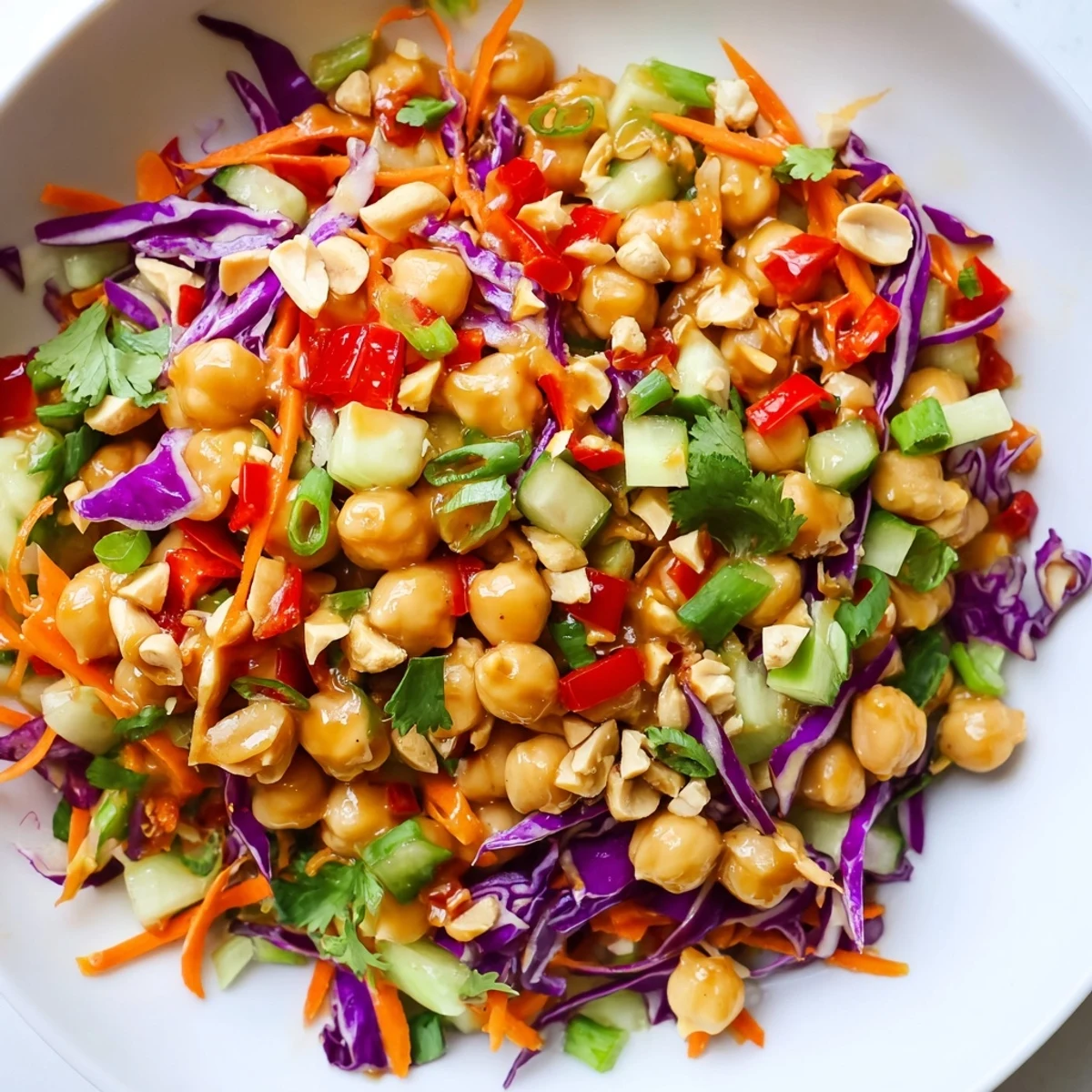 Colorful Crunchy Thai chickpea salad served in a bowl with fresh cilantro garnish