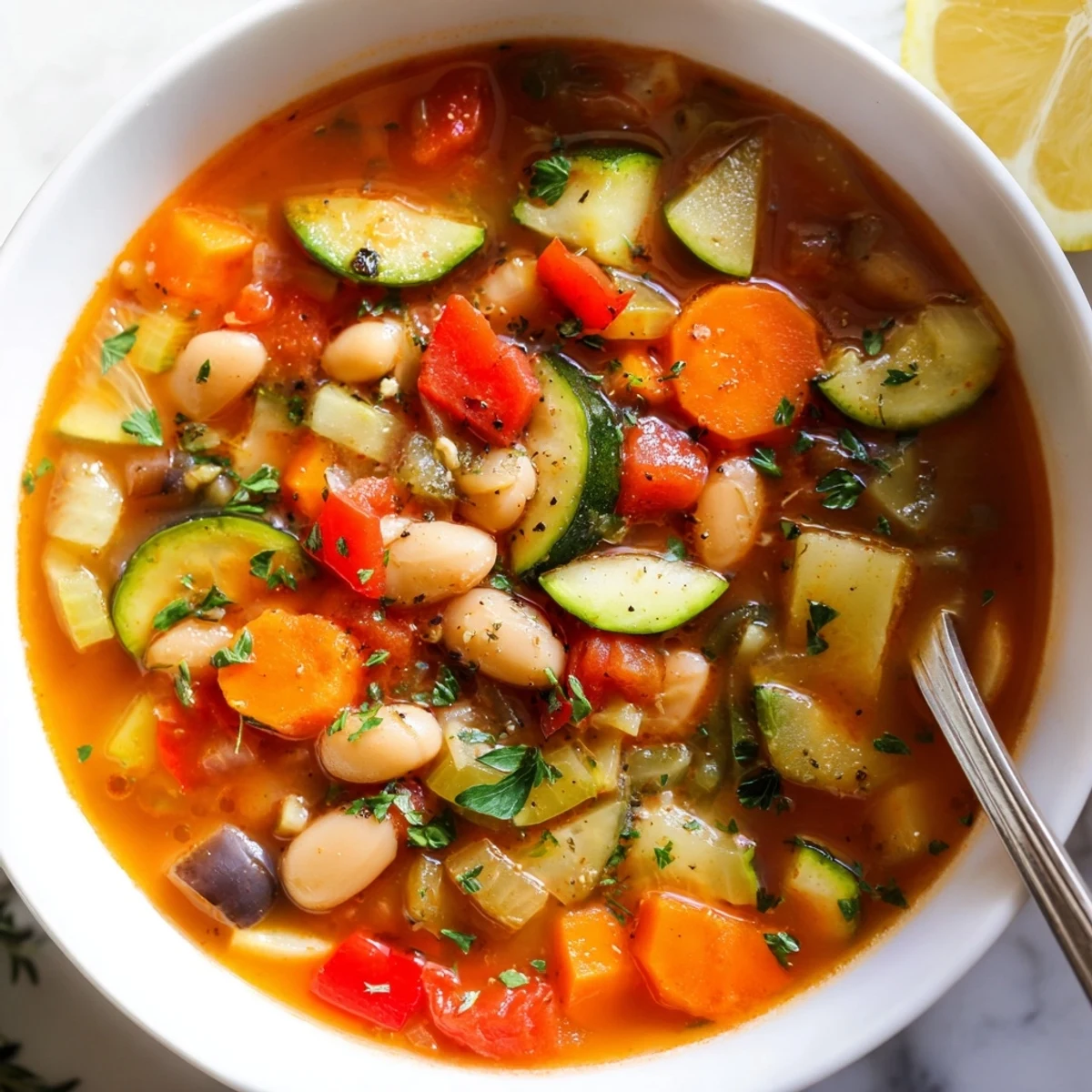 Steaming bowl of Mediterranean Soup topped with fresh parsley and a lemon wedge