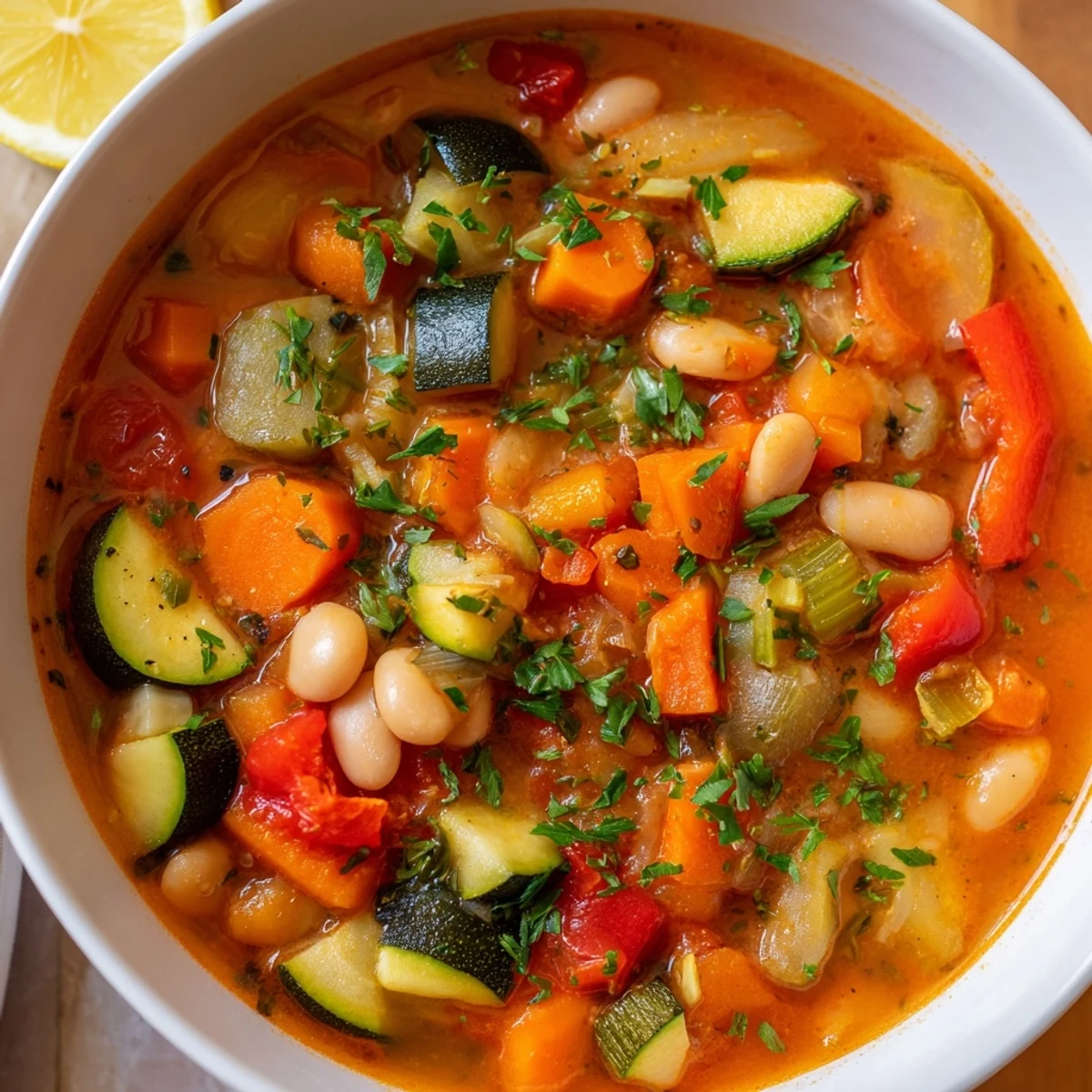 Vibrant Mediterranean Soup brimming with colorful tender vegetables in a rich tomato broth