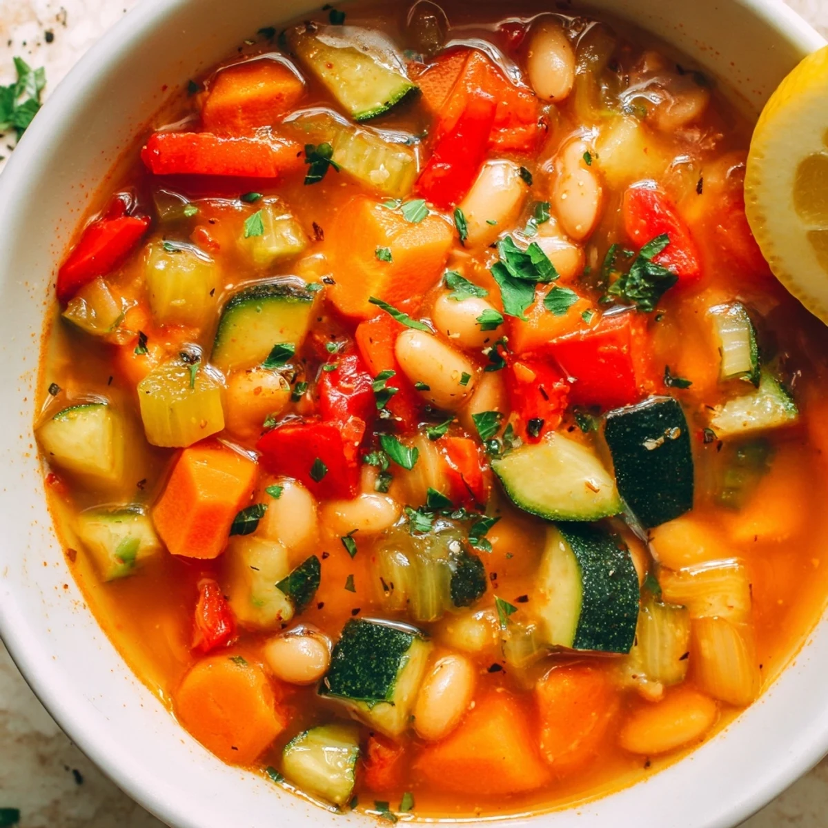 Hearty Mediterranean Soup ladled into a ceramic bowl with crusty bread on the side