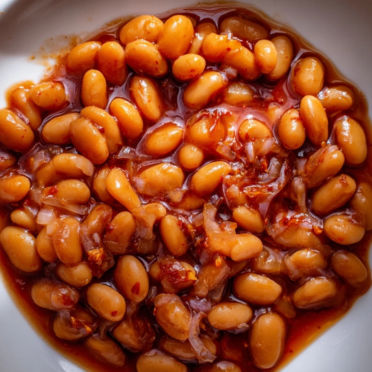 Quick barbecued beans glistening in a rich, smoky tomato sauce in a cast iron pot