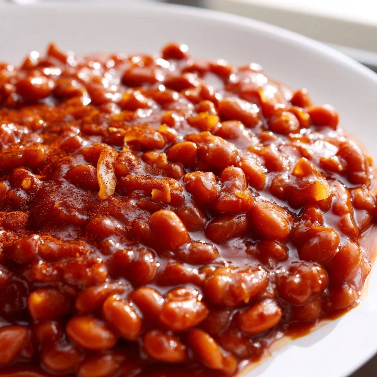 Quick barbecued beans served steaming hot in a rustic bowl with crusty bread