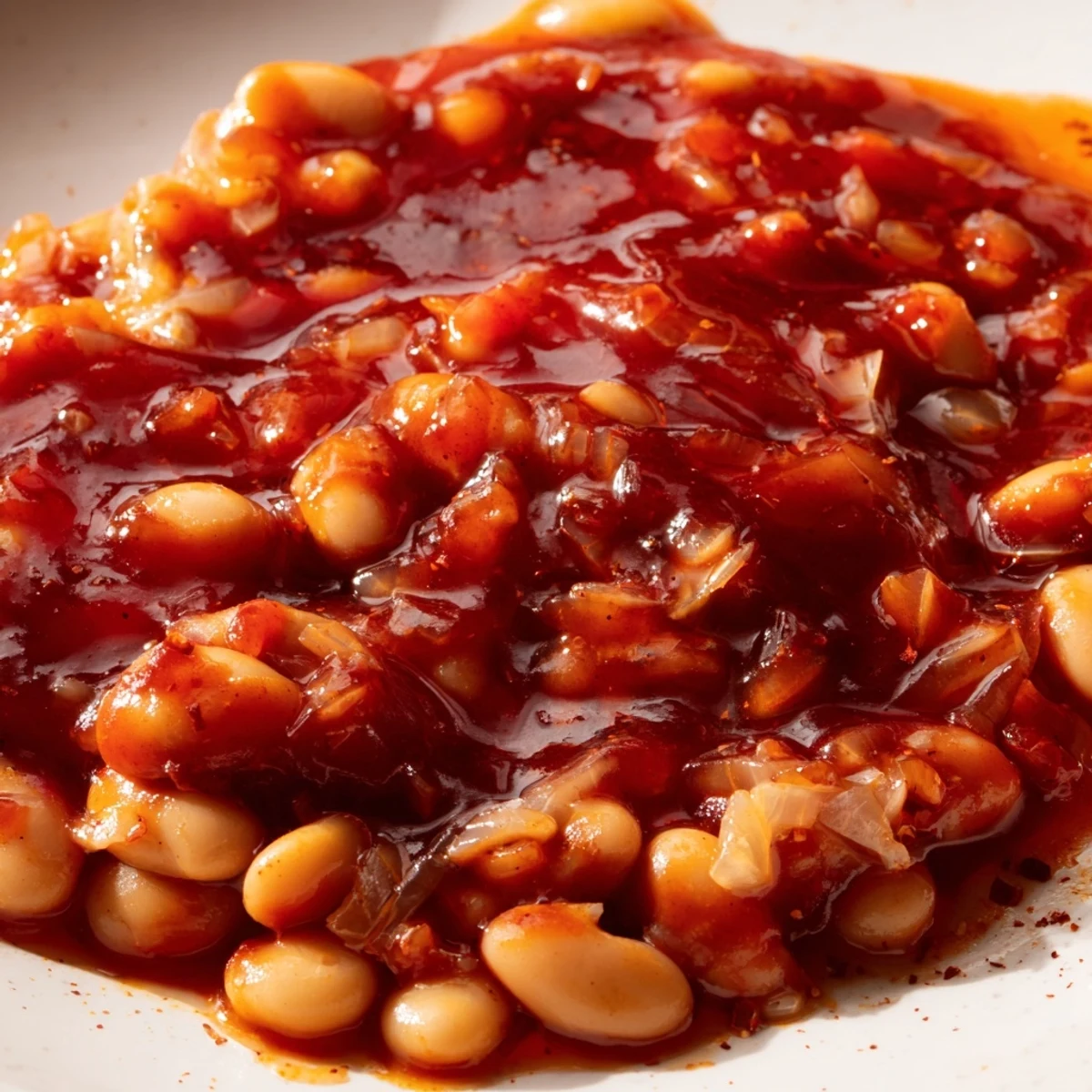 Quick barbecued beans coated in thick, glossy barbecue sauce with tender onion bits