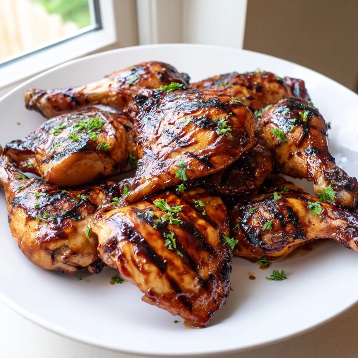 Smoky barbecue chicken with charred skin resting on a rustic wooden cutting board