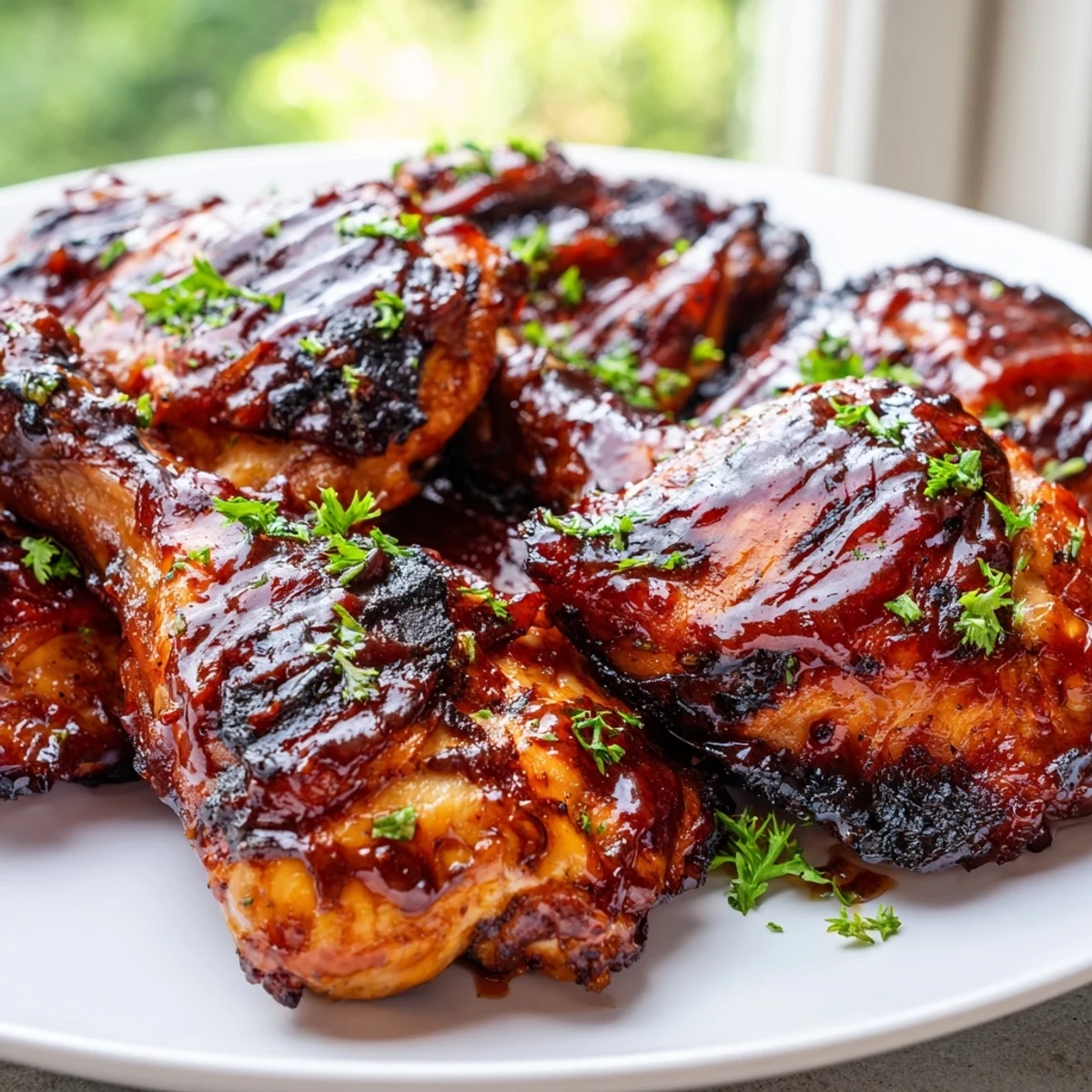 Juicy barbecue chicken pieces glistening with sticky sauce fresh off the backyard grill