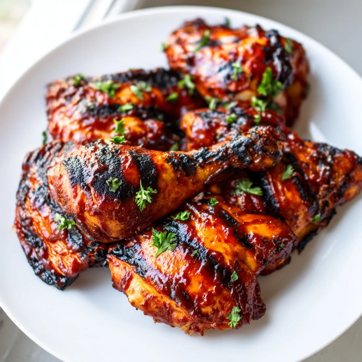 Tender glazed barbecue chicken thighs and drumsticks garnished with fresh chopped parsley