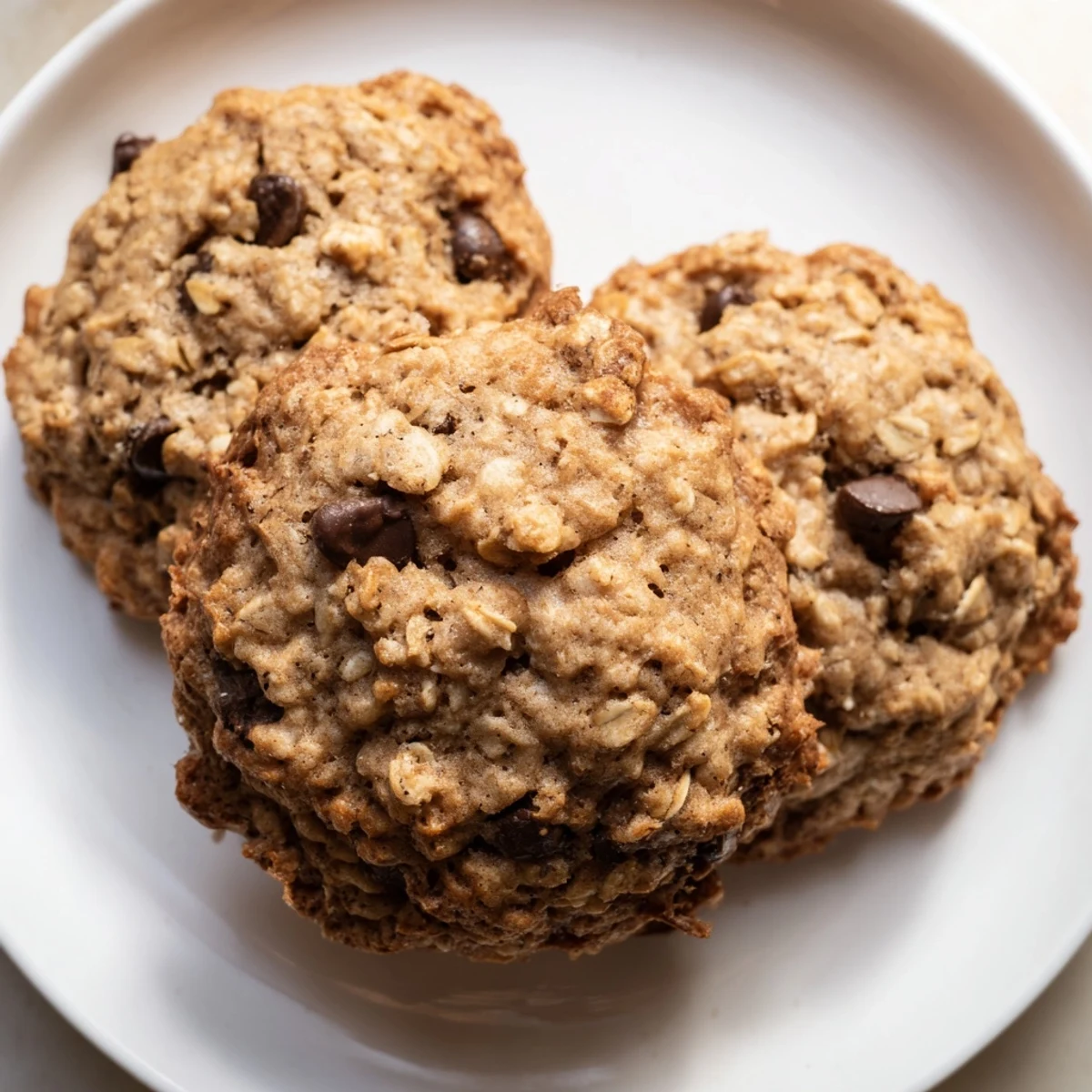Soft banana oatmeal cookies stacked on a plate with a glass of milk