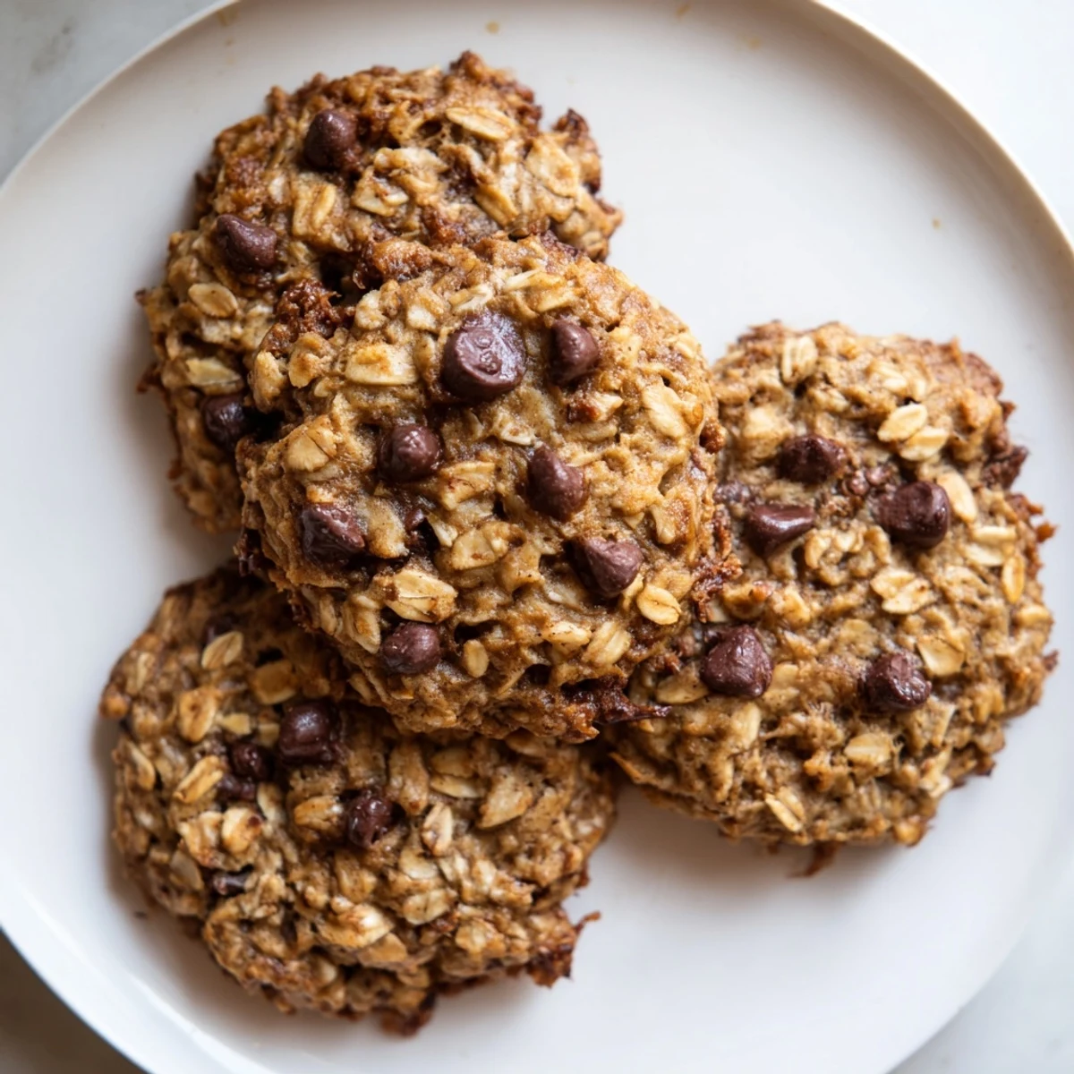 Golden chewy banana oatmeal cookies with visible oats on a rustic baking sheet
