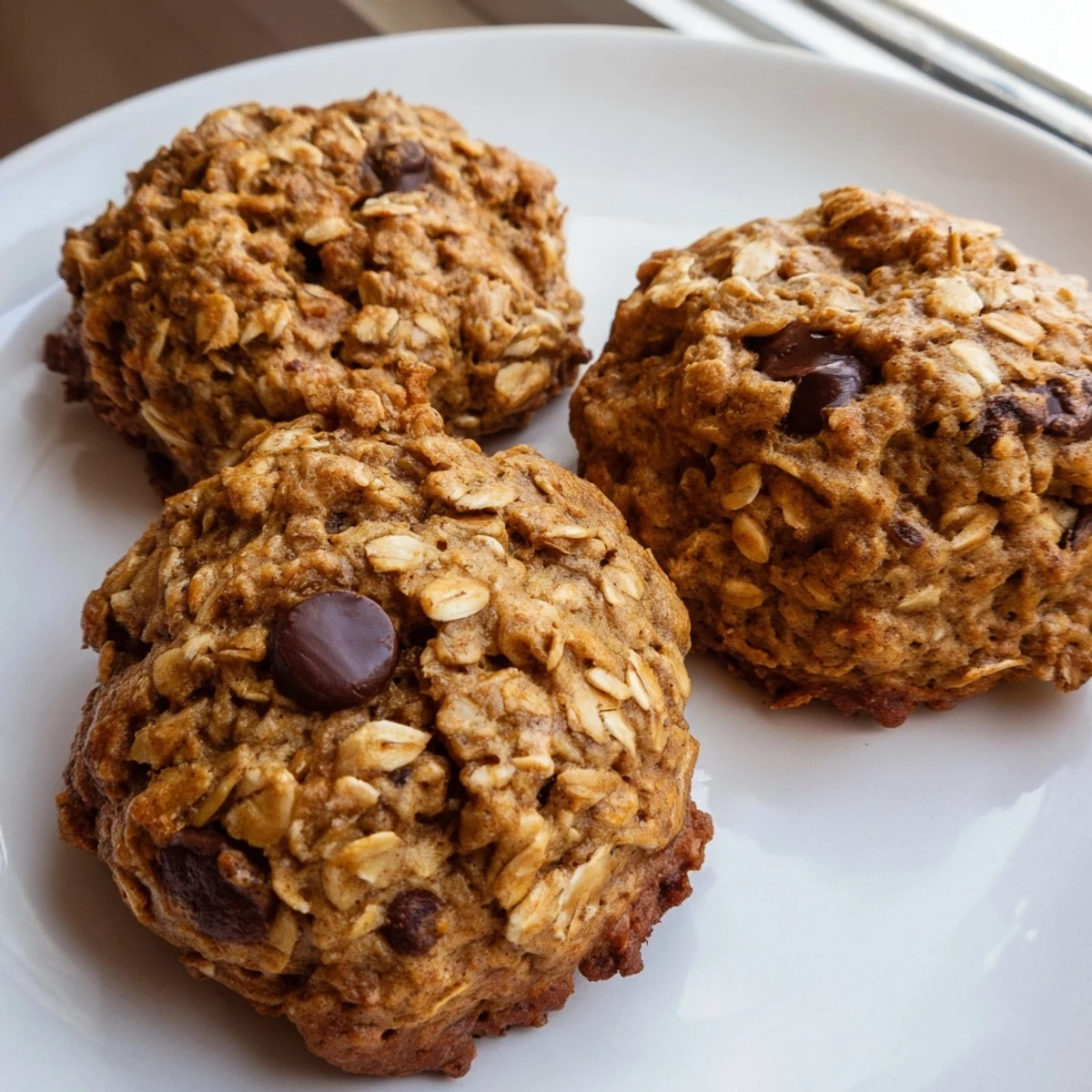 Chewy banana oatmeal cookies dotted with chocolate chips fresh from the oven