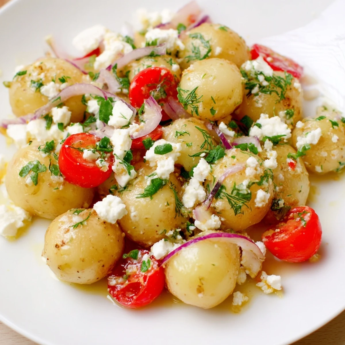 Creamy potato and feta salad with cherry tomatoes and fresh herbs