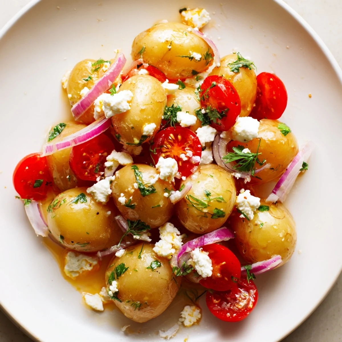 Golden potato and feta salad drizzled with lemon herb dressing