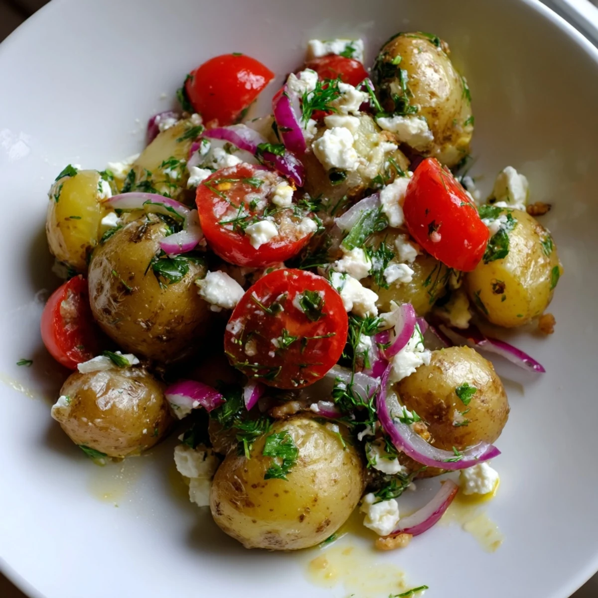 Warm potato and feta salad topped with crumbled cheese and dill