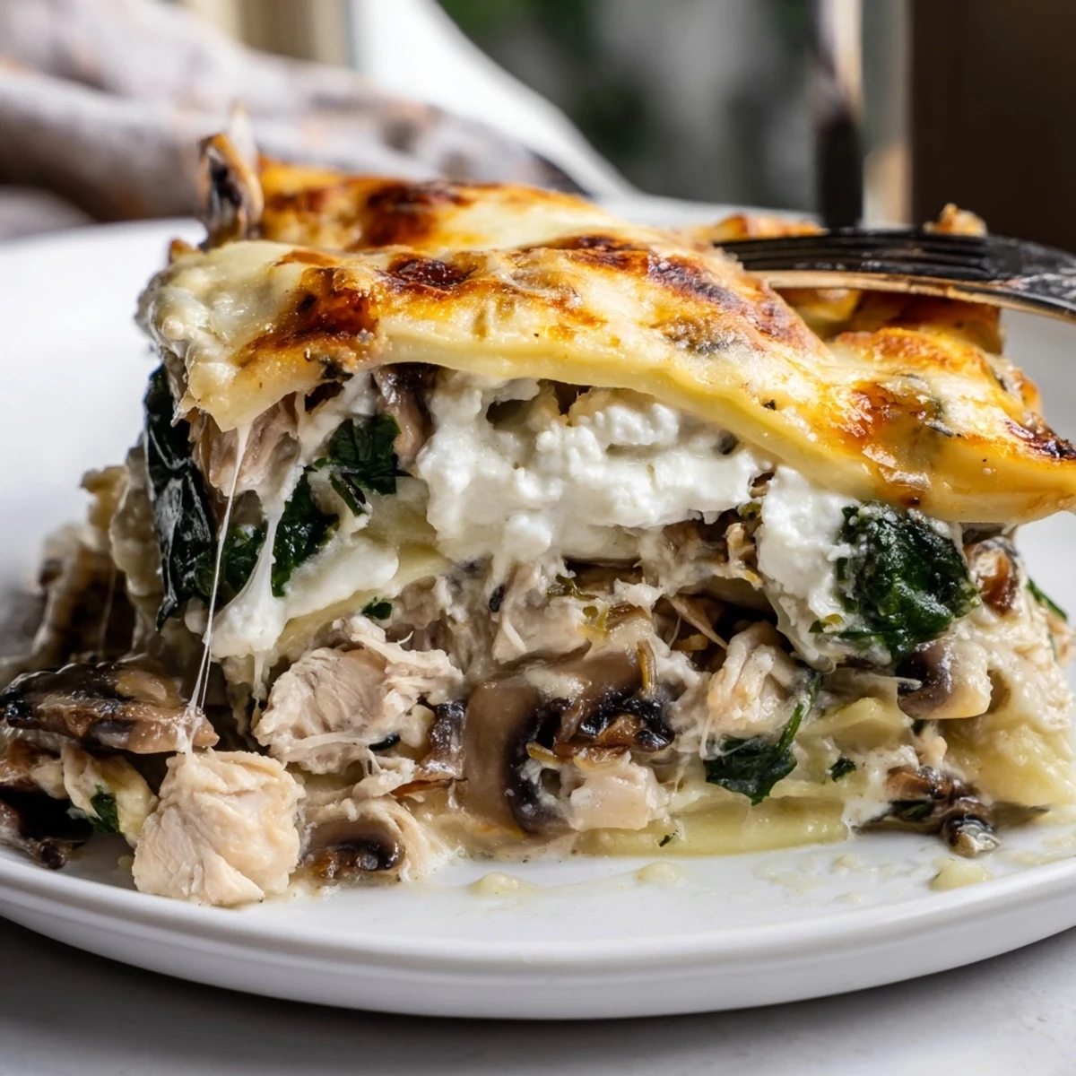 Creamy white chicken lasagna with golden bubbly cheese in a baking dish