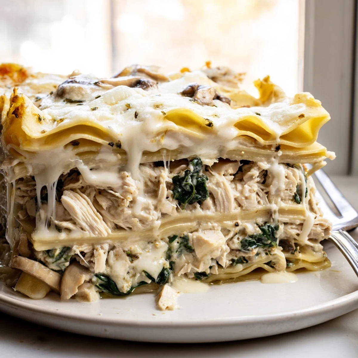 Steaming white chicken lasagna served on a plate with herbs sprinkled on top