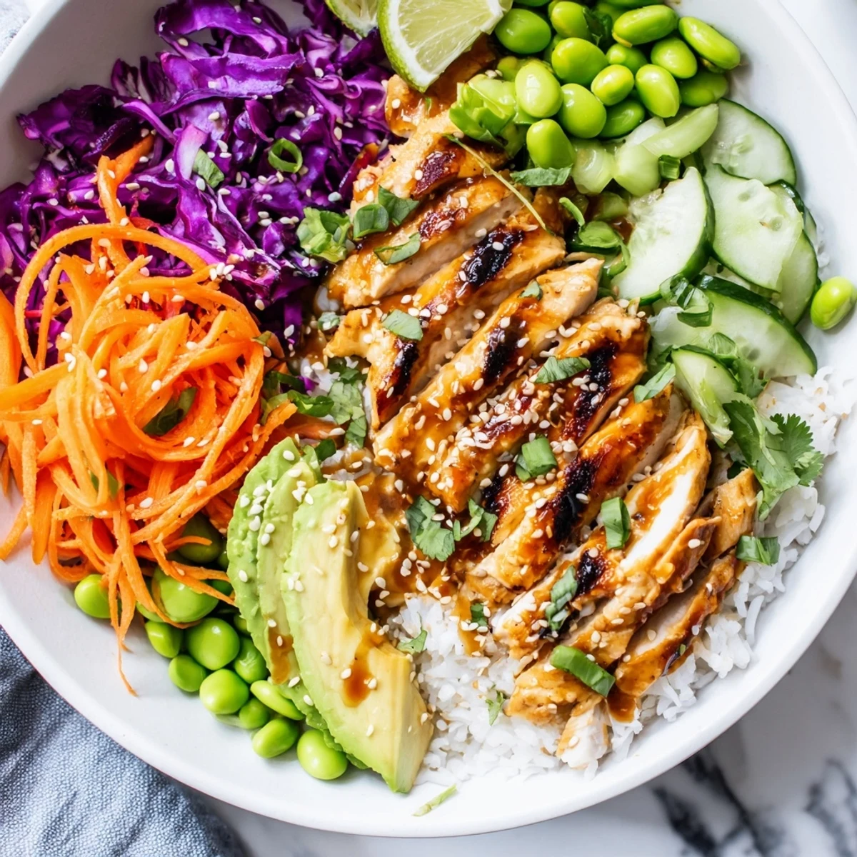 Colorful Asian inspired chicken power bowl with crisp veggies and sesame dressing drizzled on top
