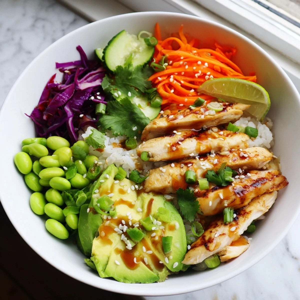 Golden seared chicken strips nestled over rice with fresh vegetables in this Asian inspired chicken power bowl