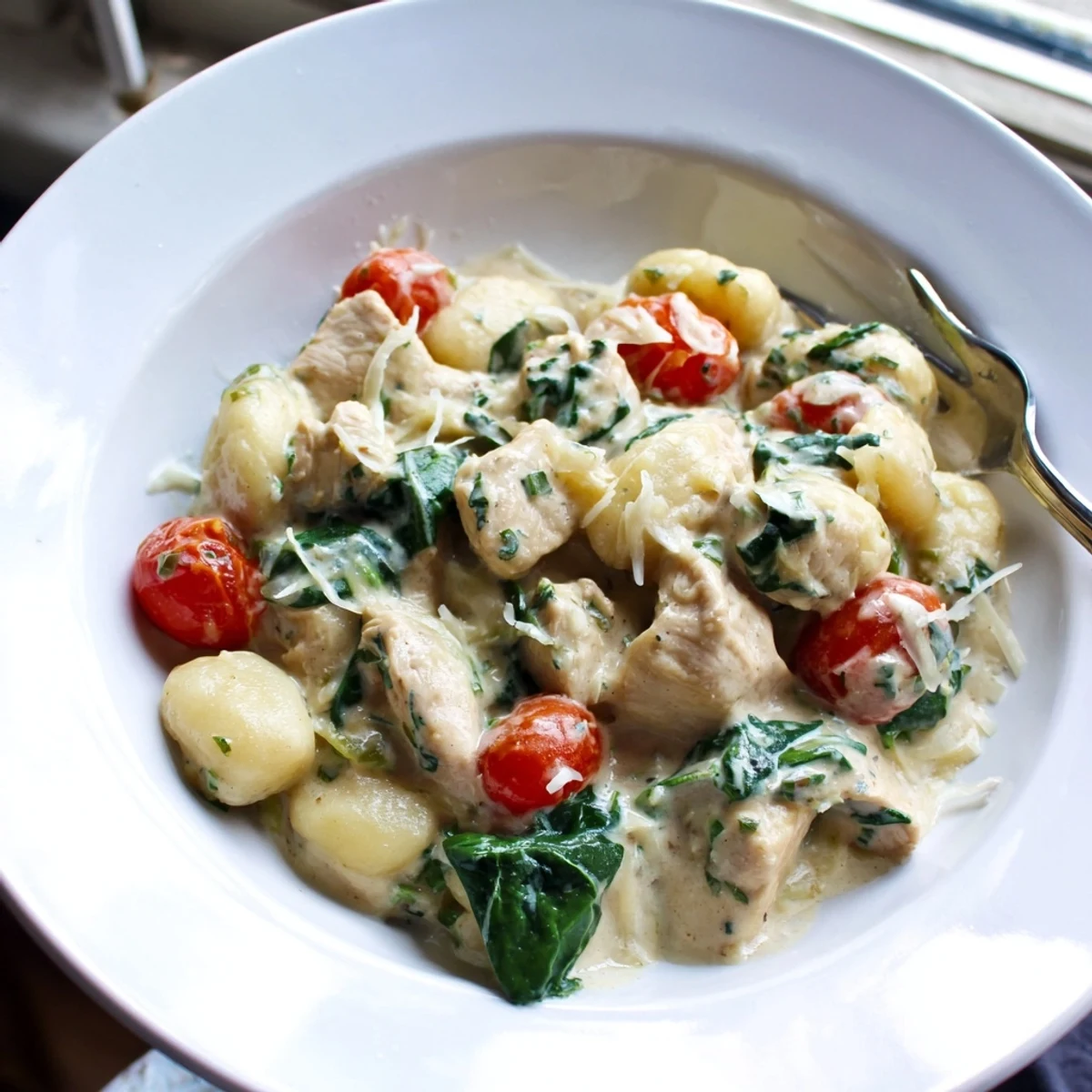 Creamy herb chicken gnocchi skillet bubbling in a cast iron pan with fresh parsley garnish