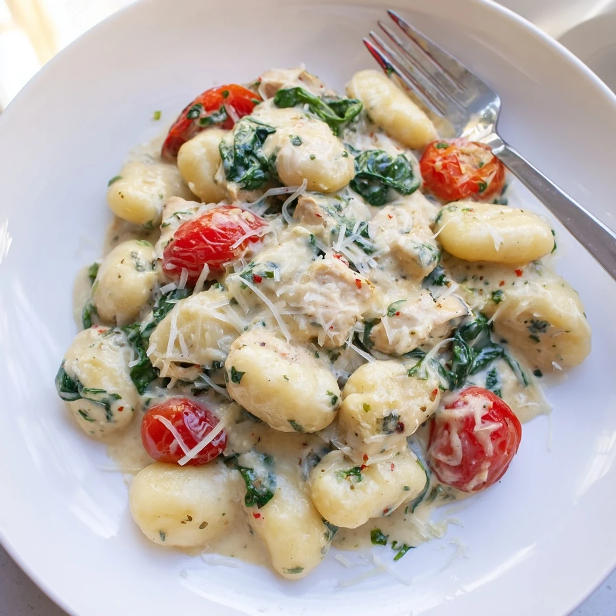 Golden chicken and pillowy gnocchi tossed in a creamy herb sauce with spinach