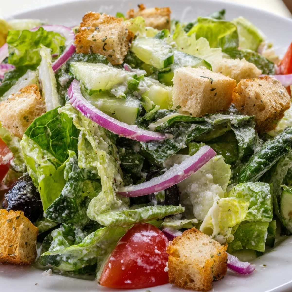 Crisp Olive Garden Salad topped with croutons, Parmesan, and creamy Italian dressing
