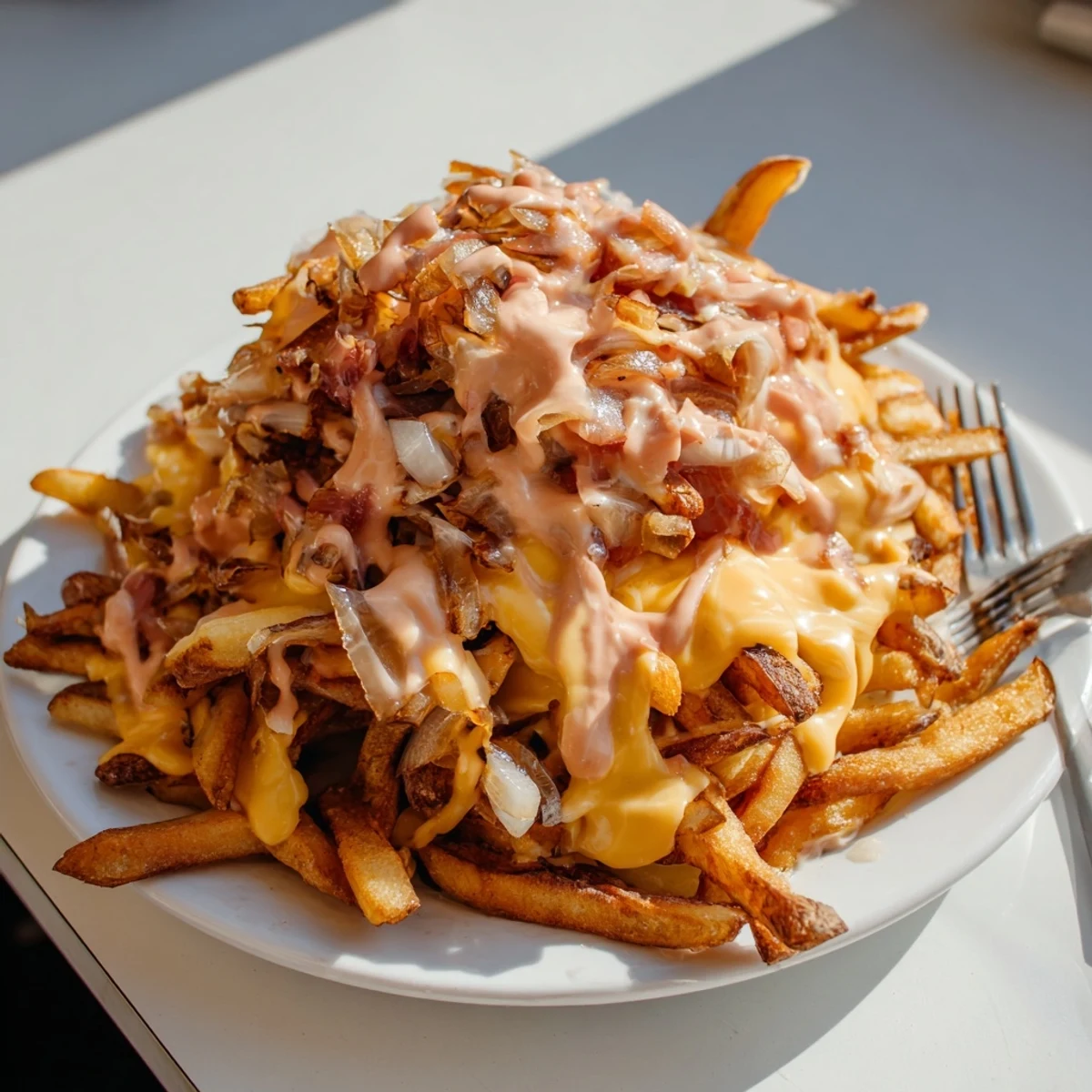Crispy golden Animal Style Fries loaded with melted cheese and caramelized onions