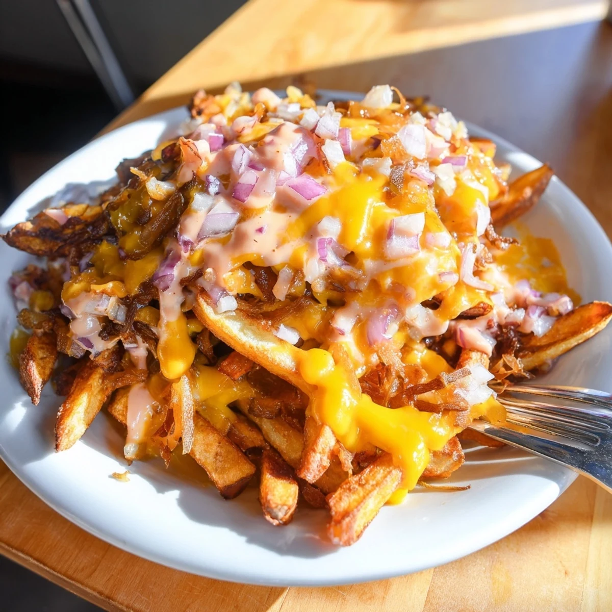 Animal Style Fries smothered in tangy sauce with gooey cheese and sautéed onions