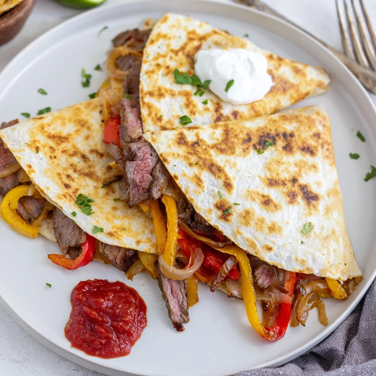 Crispy golden steak quesadillas oozing with melted cheese and colorful sautéed peppers