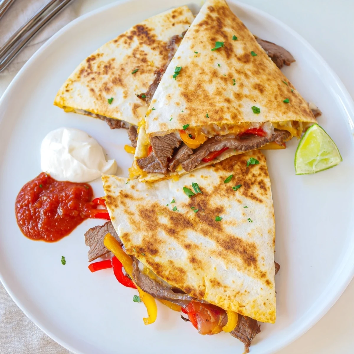 Steak quesadillas cut into wedges served with sour cream salsa and lime