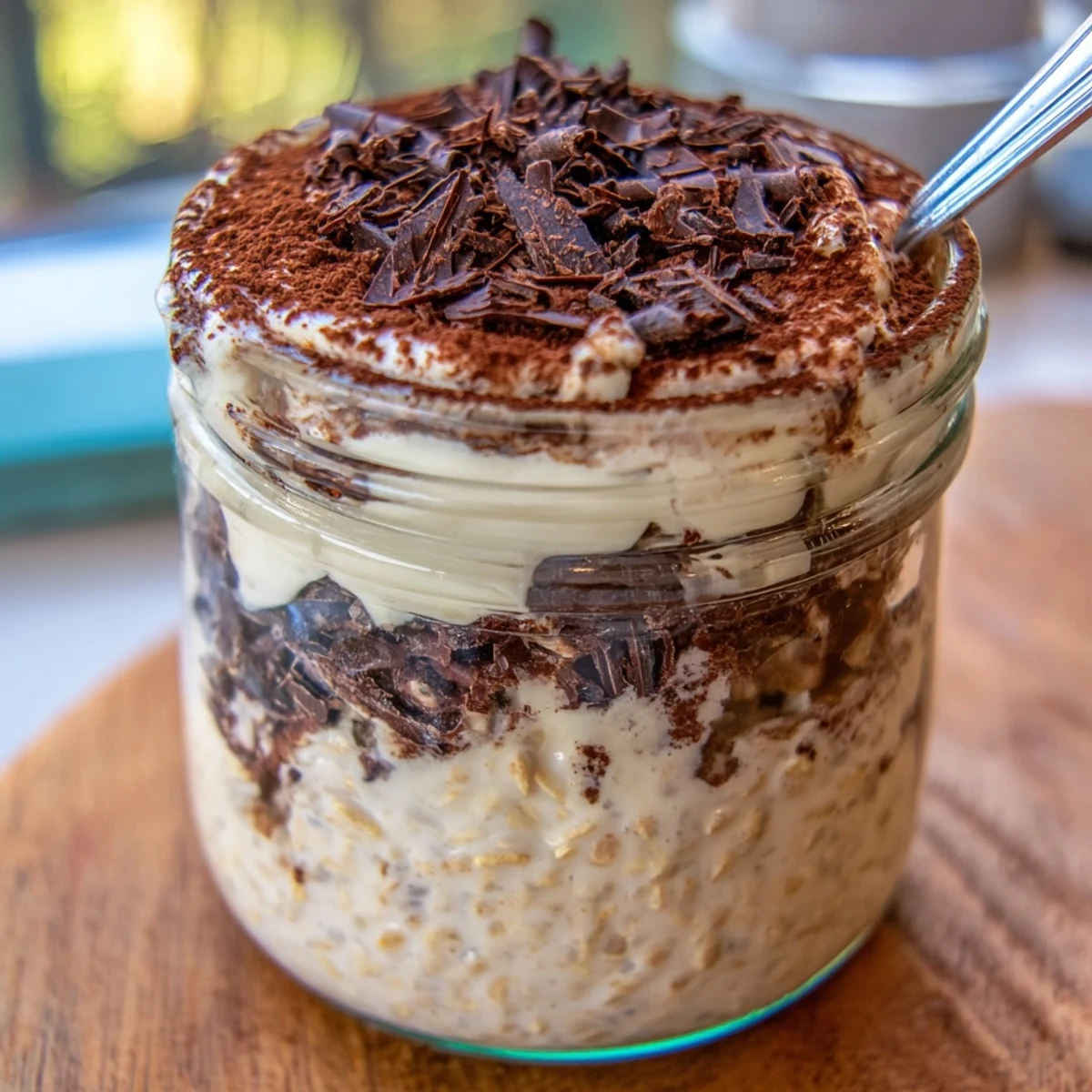 Creamy tiramisu overnight oats layered in glass jars with rich cocoa dusting