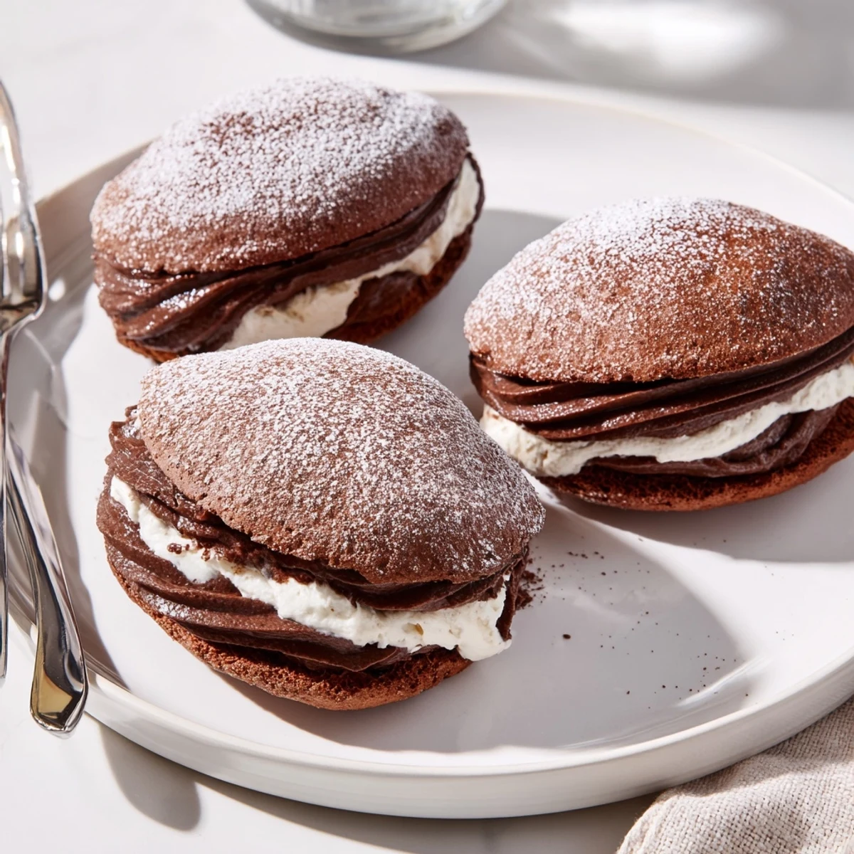 Fresh Italian Chocolate Maritozzi buns split open and piled with dark chocolate whipped cream