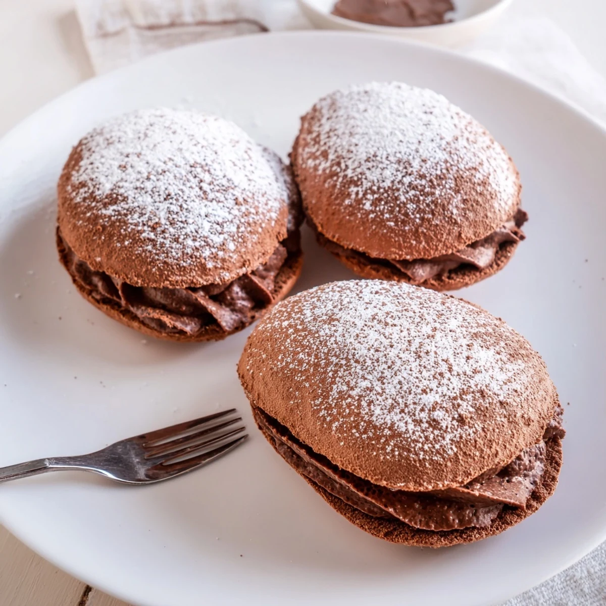 Soft Italian Chocolate Maritozzi sweet buns topped with a cloud of chocolate cream and powdered sugar