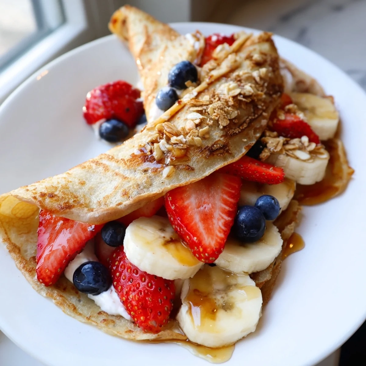 Fluffy golden pancake tacos filled with fresh strawberries and drizzled maple syrup on a white plate