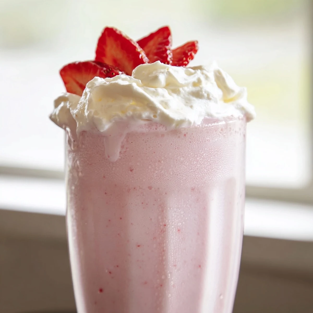 Thick strawberry milkshake topped with whipped cream in a tall chilled glass