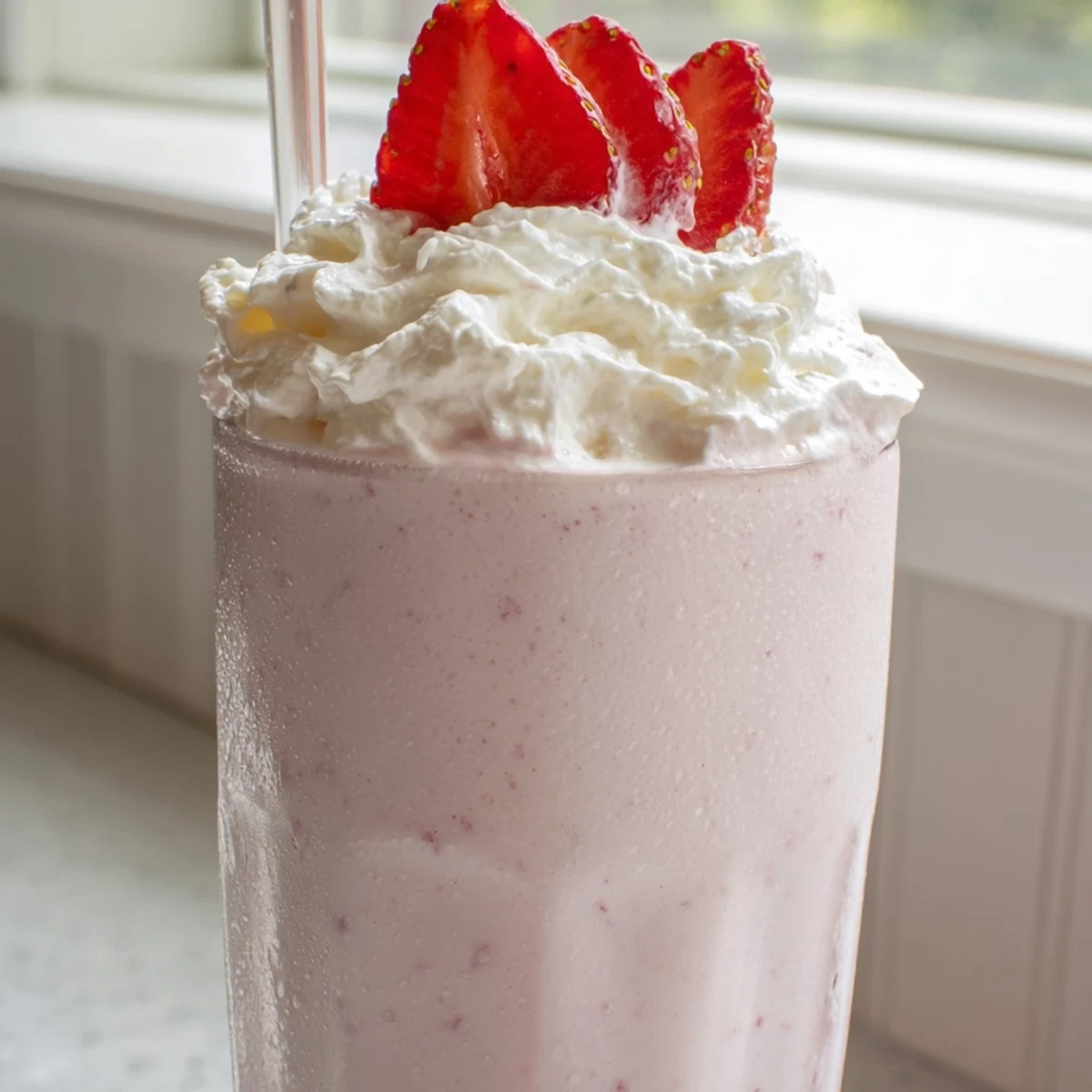 Creamy strawberry milkshake blended with ripe berries and served ice cold
