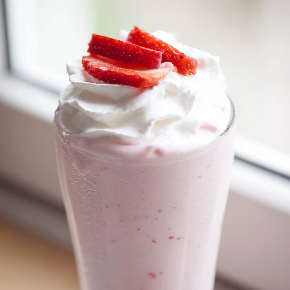 Pink strawberry milkshake garnished with fresh strawberry slices and fluffy whipped cream
