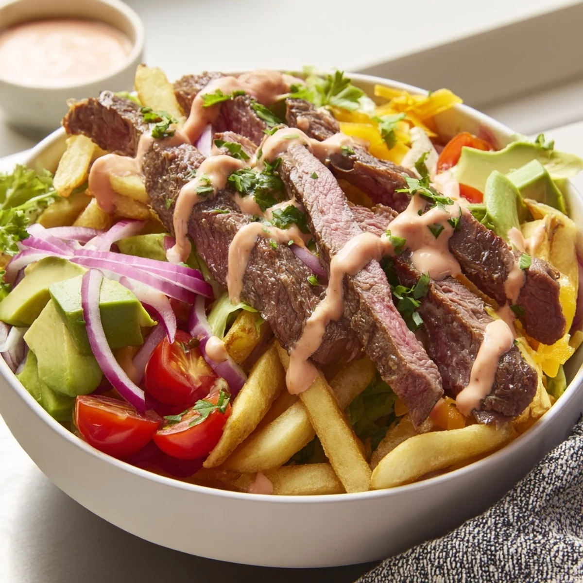 Golden crispy fries cradling seared steak strips drizzled with smoky paprika sauce