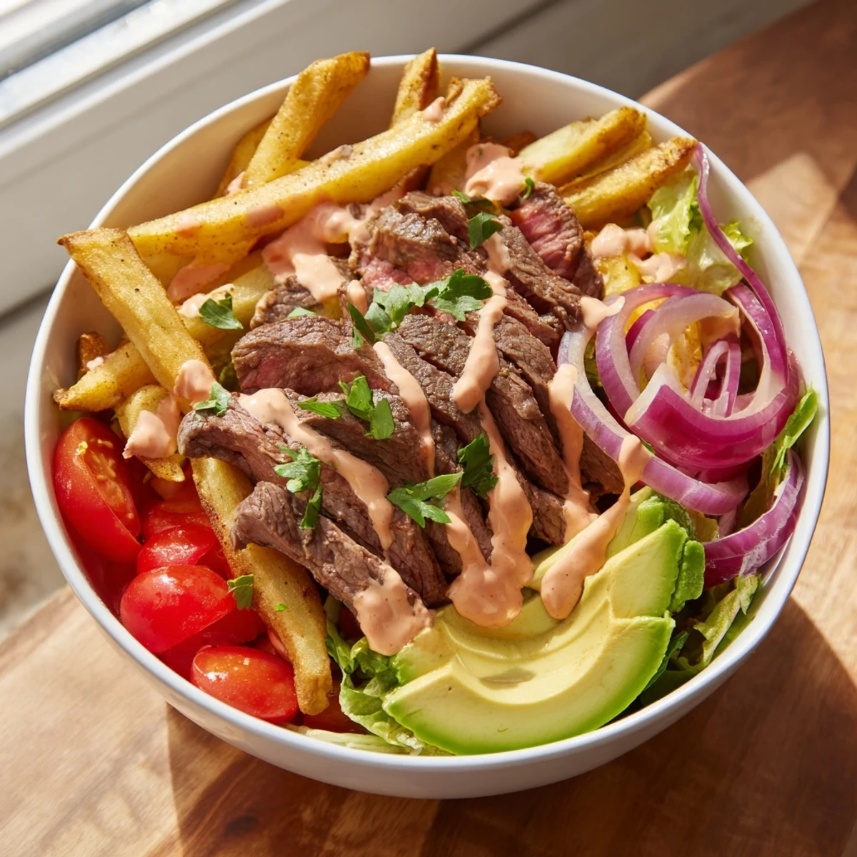 Steak strips and crispy fries bowl topped with fresh avocado and zesty sauce
