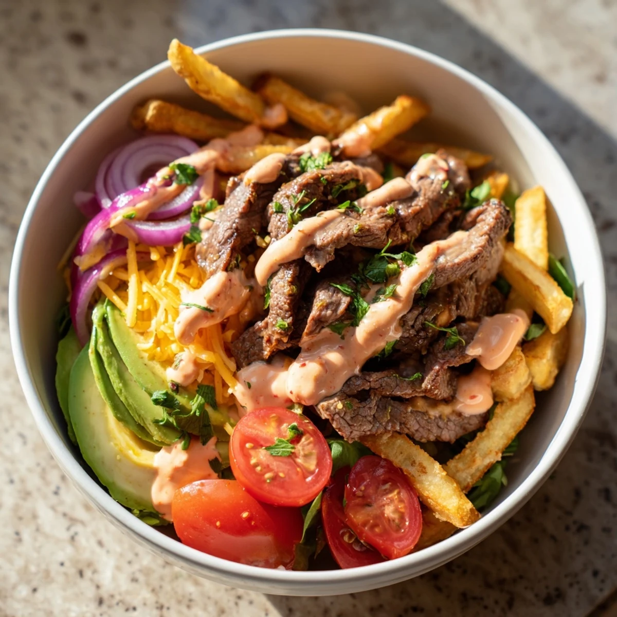 Hearty steak strips crispy fries bowl garnished with tomatoes red onion and parsley