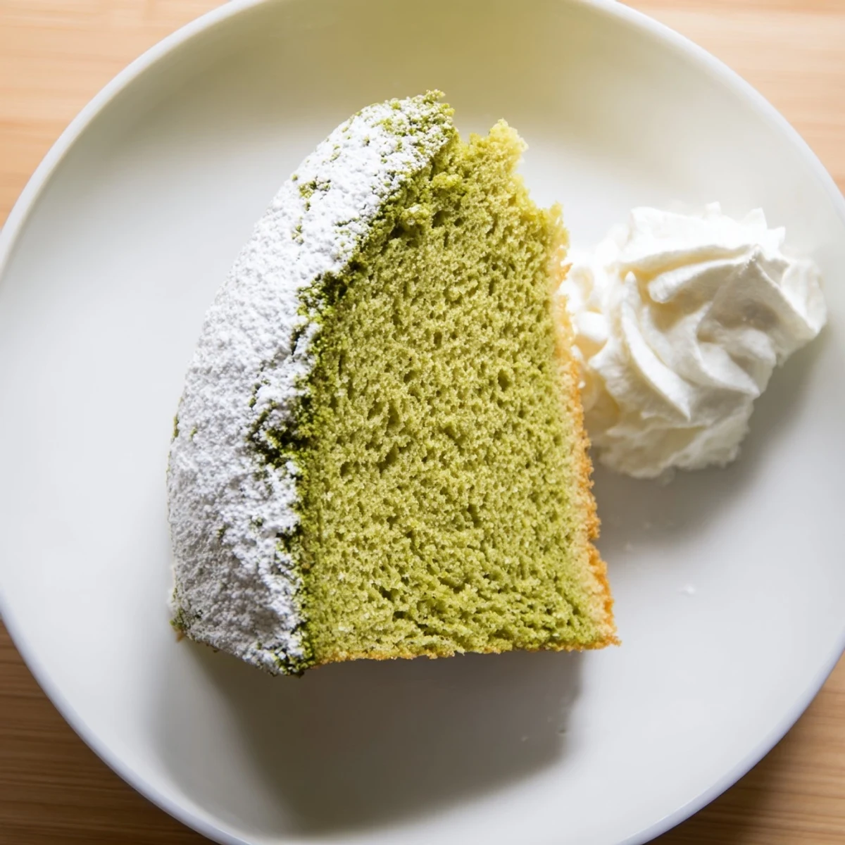 Slice of vibrant green matcha cake served with whipped cream and fresh berries.