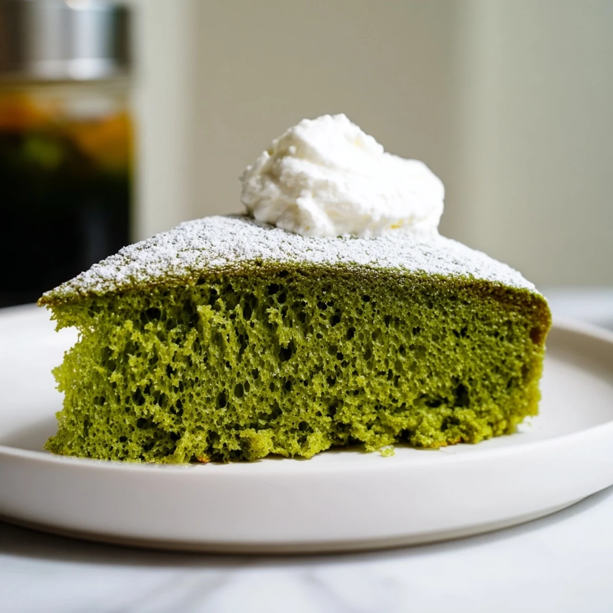 Light and fluffy matcha cake baked to golden perfection, dusted with powdered sugar.