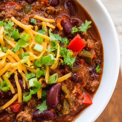 Beef and Bean Chili with Cheddar Cheese served hot with a dollop of sour cream and tortilla chips.