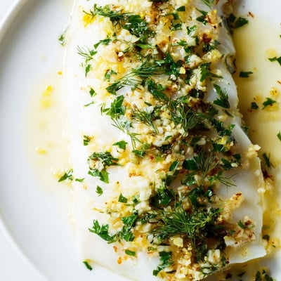 Freshly baked Baked Cod with Garlic Butter and Herbs sits in a white dish beside roasted potatoes and vibrant green beans.
