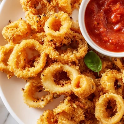 Homemade crispy calamari rings paired with a steaming bowl of tangy marinara dipping sauce.