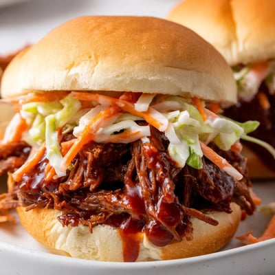 Pulled beef piled onto a toasted bun, dripping with barbecue sauce and topped with coleslaw.