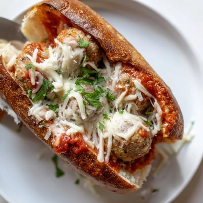 Freshly baked Turkey Meatball Subs with Cheese on a plate, garnished with chopped parsley and ready to serve alongside a simple green salad.
