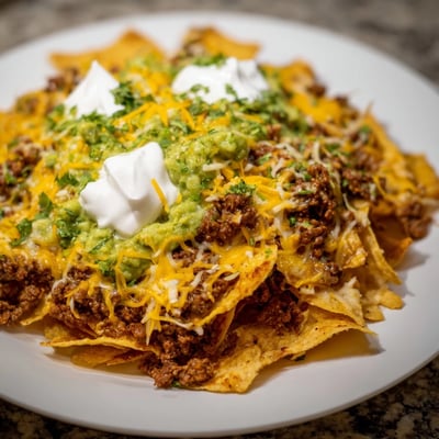 Hot Beef Nacho Platter with All Toppings shows crispy chips, Monterey Jack, sour cream dollops, and sliced black olives.