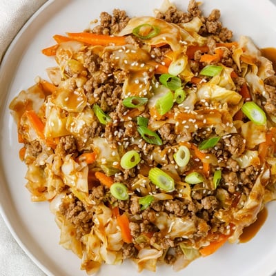 Egg Roll In A Bowl features saucy pork and crisp veggies garnished with green onions and sesame seeds.