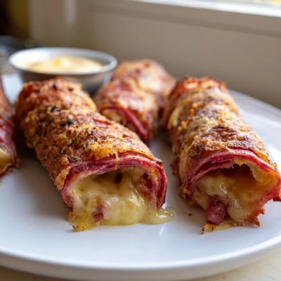 Savory Keto Crispy Reuben Roll Ups arranged on a platter with a dipping sauce for a delicious appetizer.